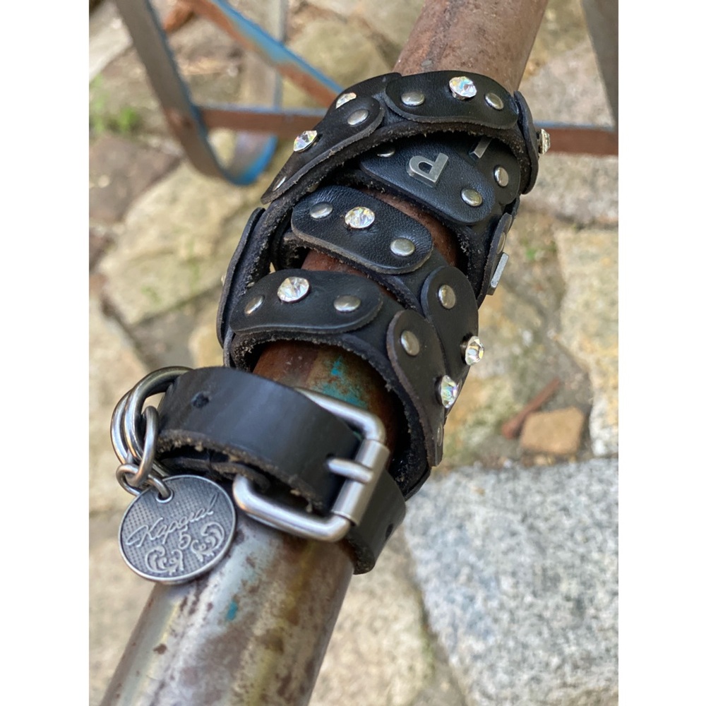 VNtG Y2K KAPORAL Leather Stud Rhinestone Skinny Belt Black Silver Wrap 90cm 34in - Picture 12 of 14